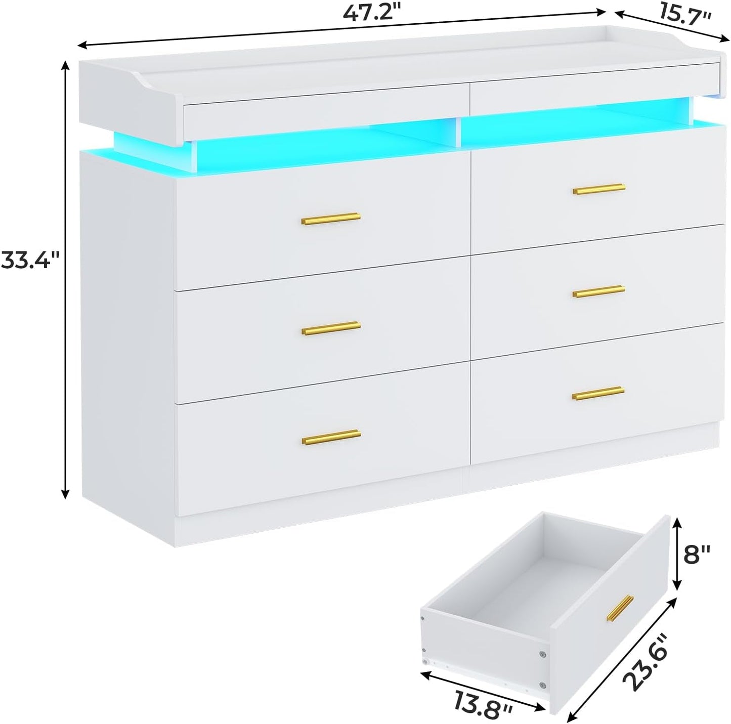LED Dresser with 2 Pull-Out Tray, 6 Drawer Dresser, 47.2" Long Wide