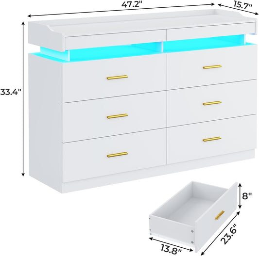 LED Dresser with 2 Pull-Out Tray, 6 Drawer Dresser, 47.2" Long Wide
