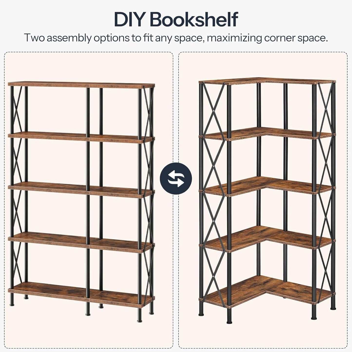 Corner Bookshelf, 5-Tier L-Shaped Bookcase, Industrial Open Display