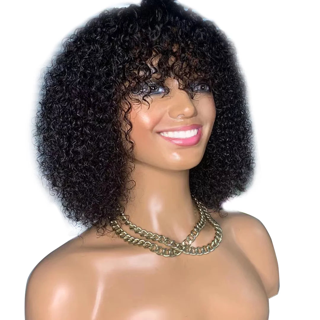 Jerry Curly Bob Cut 100% Human Hair Wigs with Bangs Adjustable Non