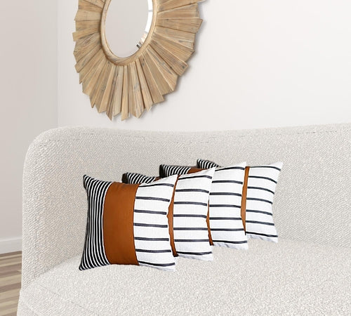 Set of 4 Blue and White Stripes with Faux Leather Pillow Covers