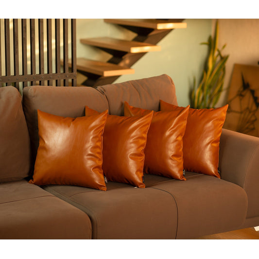 Set of 4 Brown Faux Leather 22inches Pillow Covers