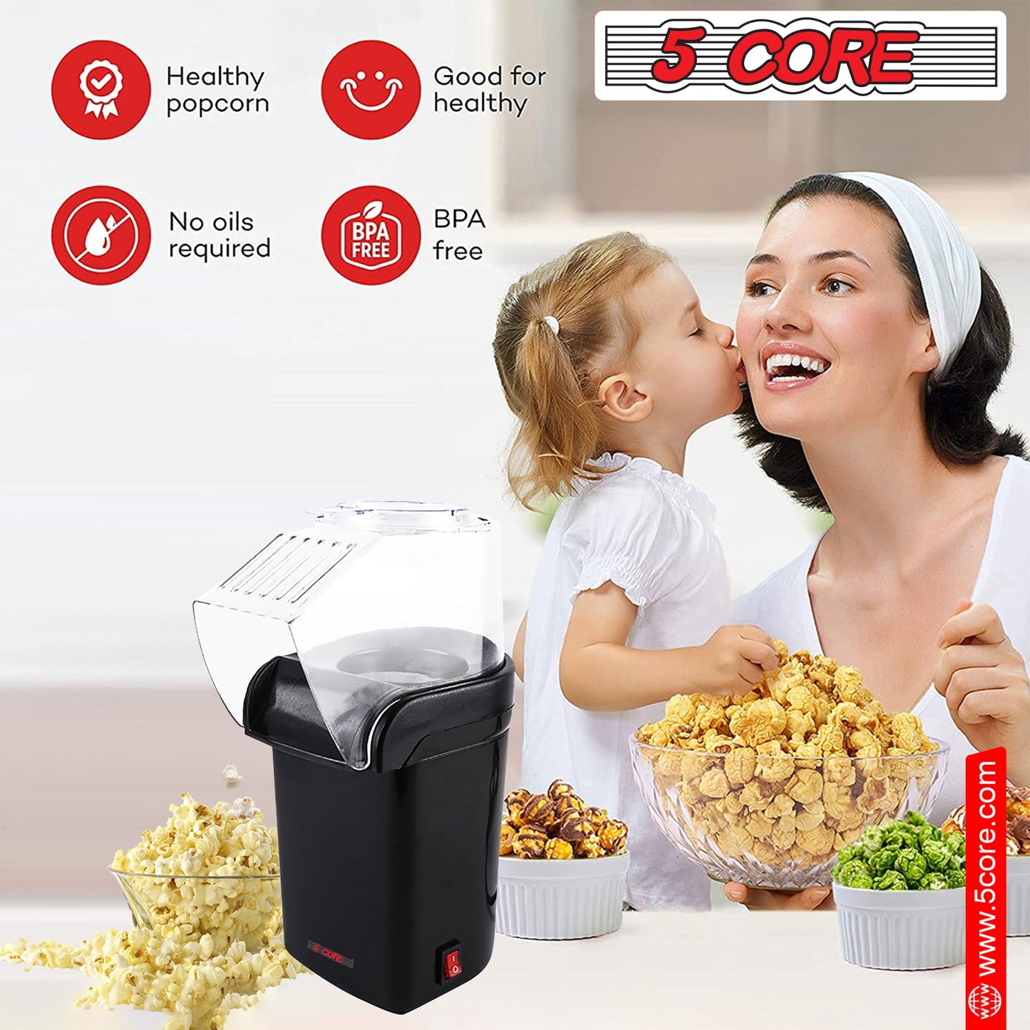 5 Core Popcorn Machine 16 Cup Hot Air Popper Mini Portable Electric