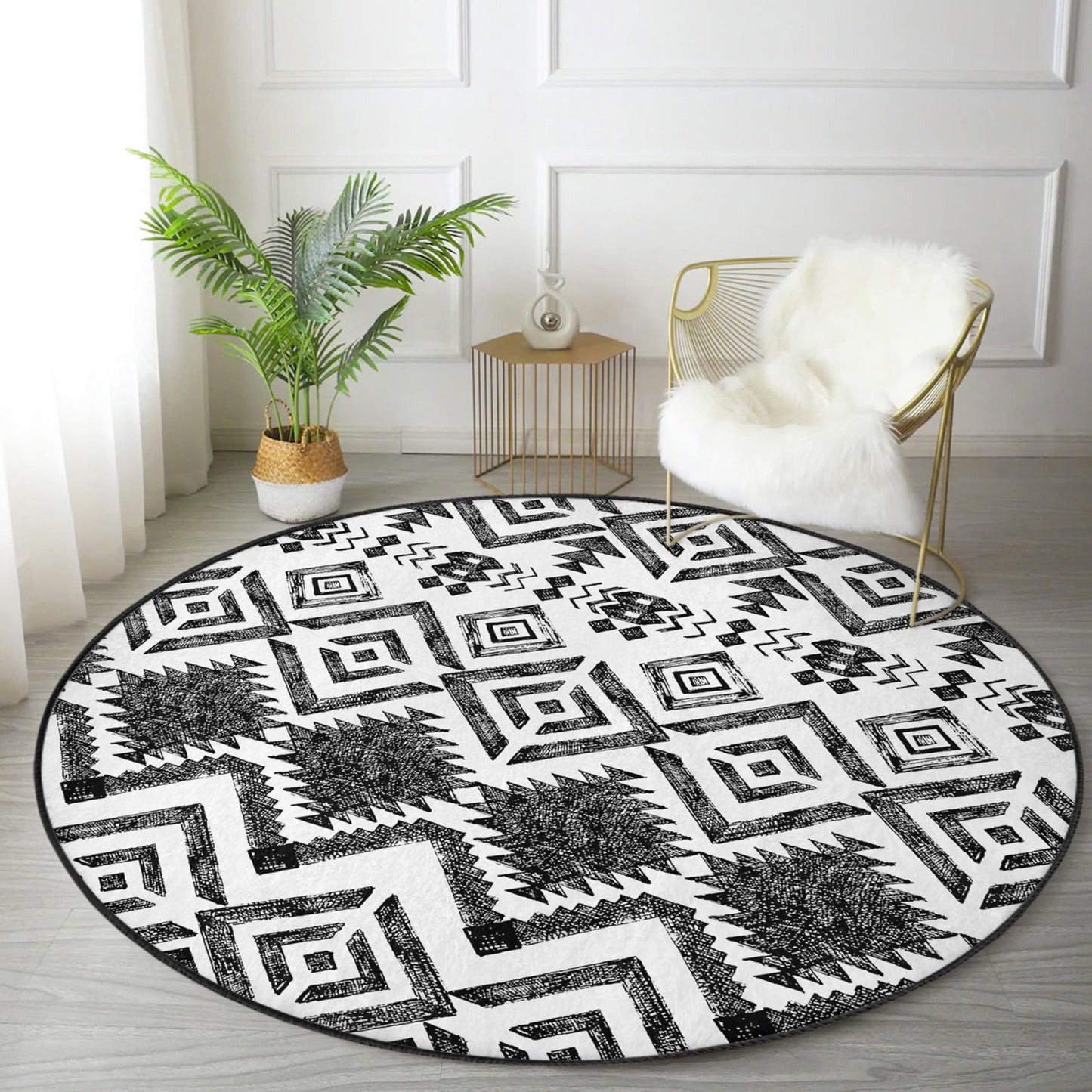 Southwestern Round Rug, Aztec Area Rug, Living Room Circle Carpet, Non