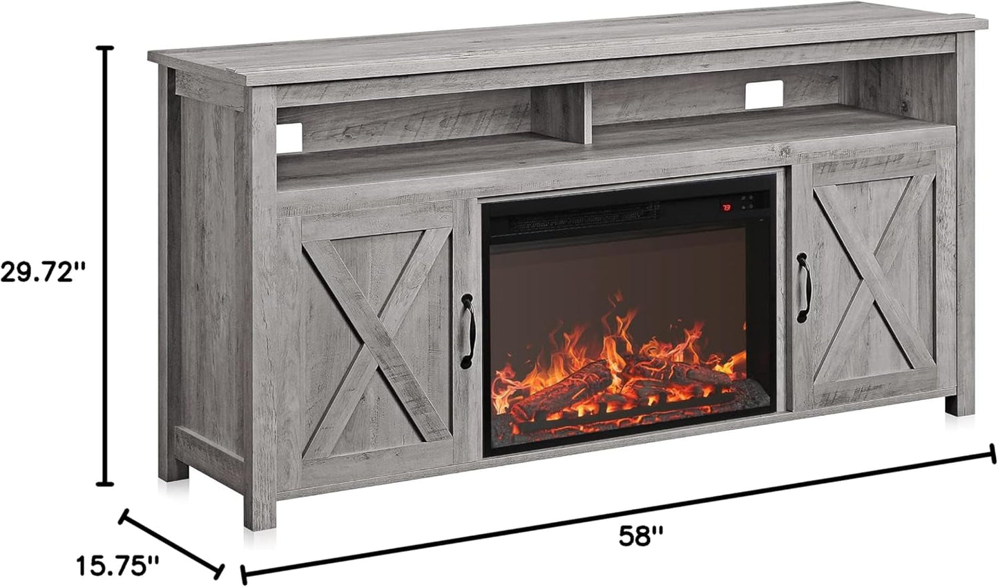 Barn Door Wood Electric Fireplace TV Stand for Tvs up to 65 Inches