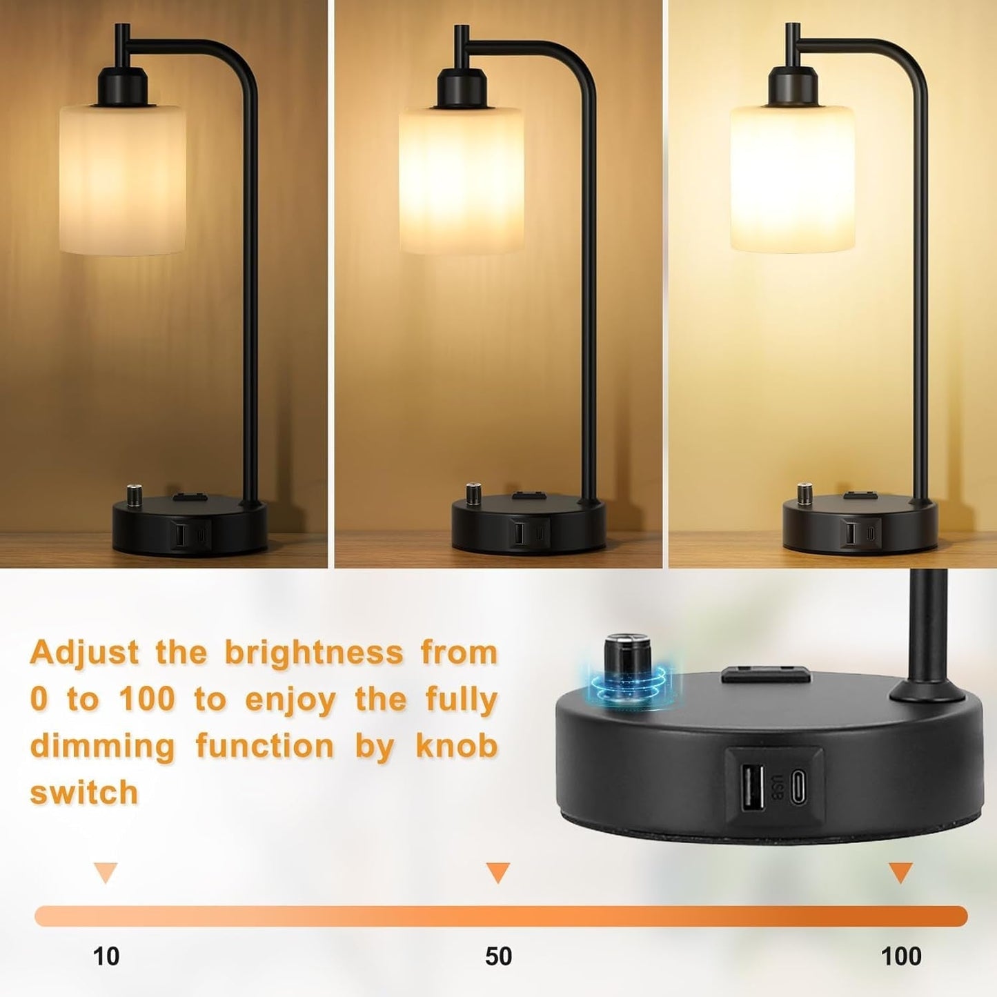 Industrial Bedroom Lamps for Nightstand Set of 2 - Fully Dimmable