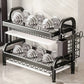 Black Metal Double Tier Dish Rack with Drain Tray and Drip Pan -