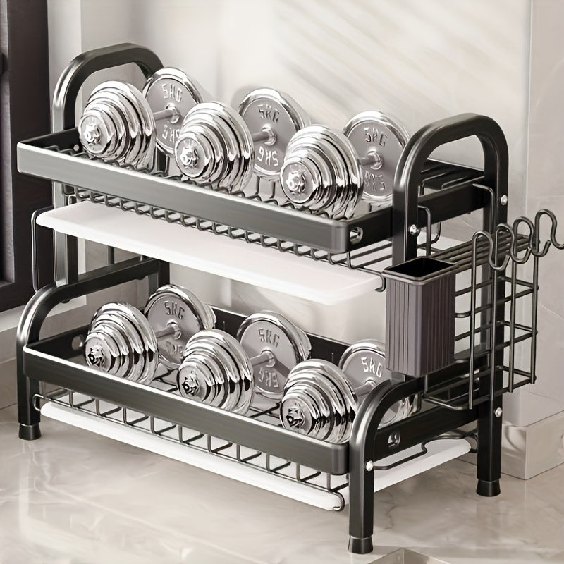 Black Metal Double Tier Dish Rack with Drain Tray and Drip Pan -