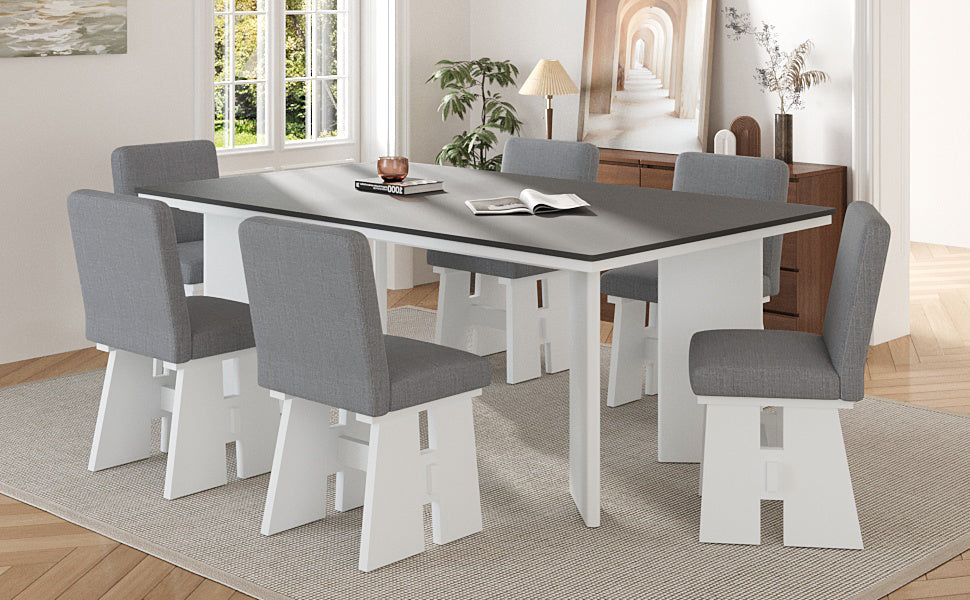 Modern 7-Piece Dining Table Set with 6 Upholstered Dining Chairs, Dark