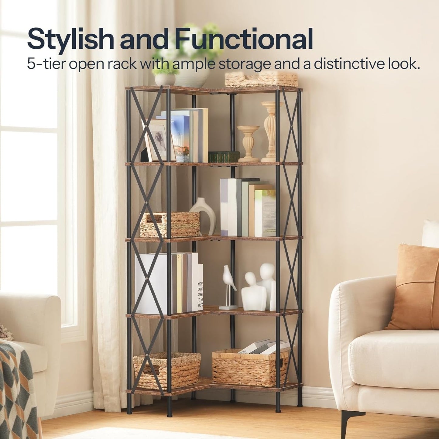 Corner Bookshelf, 5-Tier L-Shaped Bookcase, Industrial Open Display