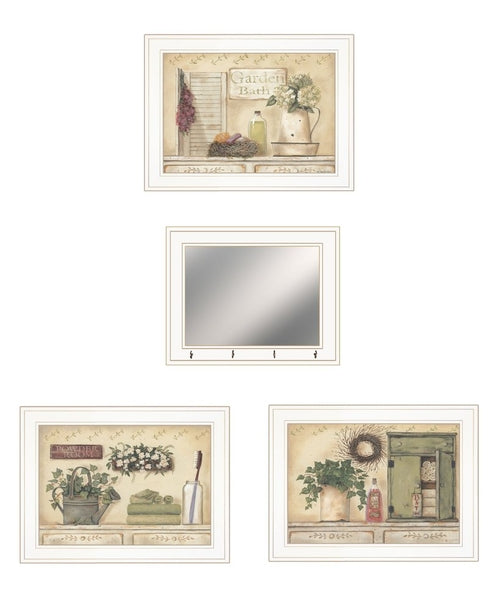 Set Of Four Garden Bath White Framed Bathroom Wall Art And Mirror With