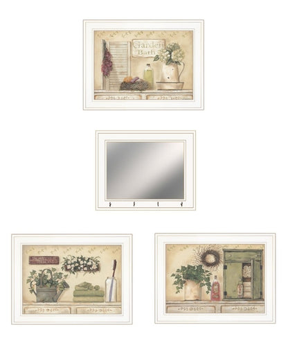 Set Of Four Garden Bath White Framed Bathroom Wall Art And Mirror With