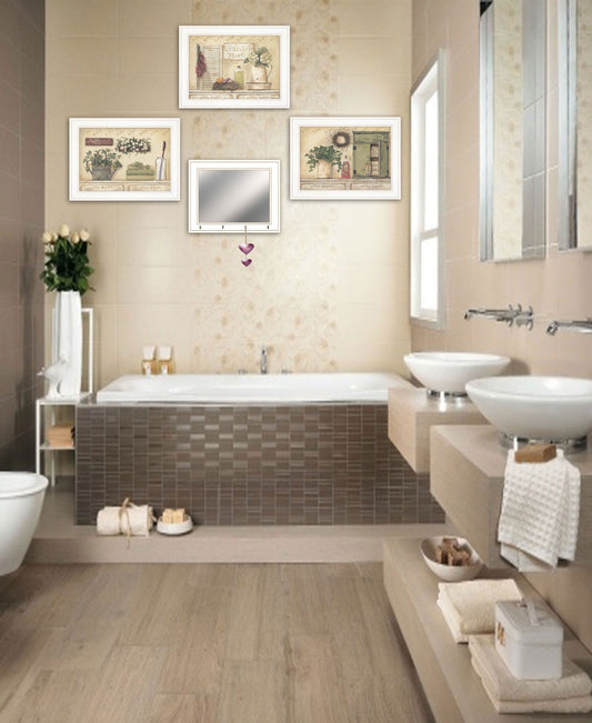 Set Of Four Garden Bath White Framed Bathroom Wall Art And Mirror With
