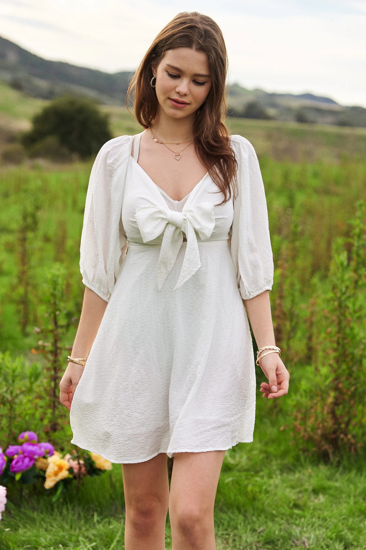 Davi & Dani Self-Tie Puff Sleeve Smocking Open Back Mini Dress