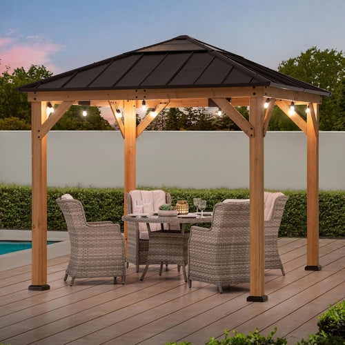 Hardtop Gazebo 9 X 9 Ft. Cedar Framed Wood Gazebo with Brown Steel &