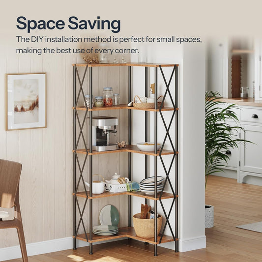 Corner Bookshelf, 5-Tier L-Shaped Bookcase, Industrial Open Display