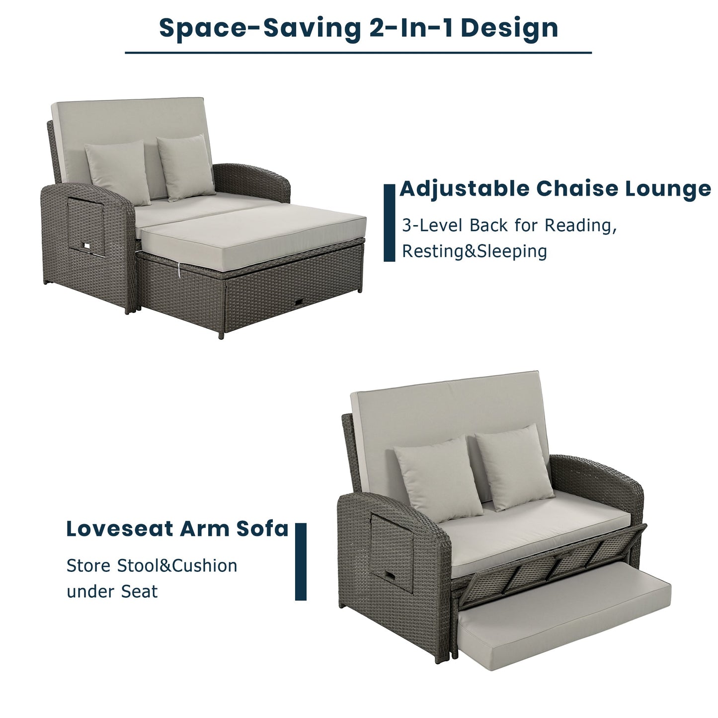 PE Wicker Rattan Double Chaise Lounge, 2-Person Reclining Daybed with