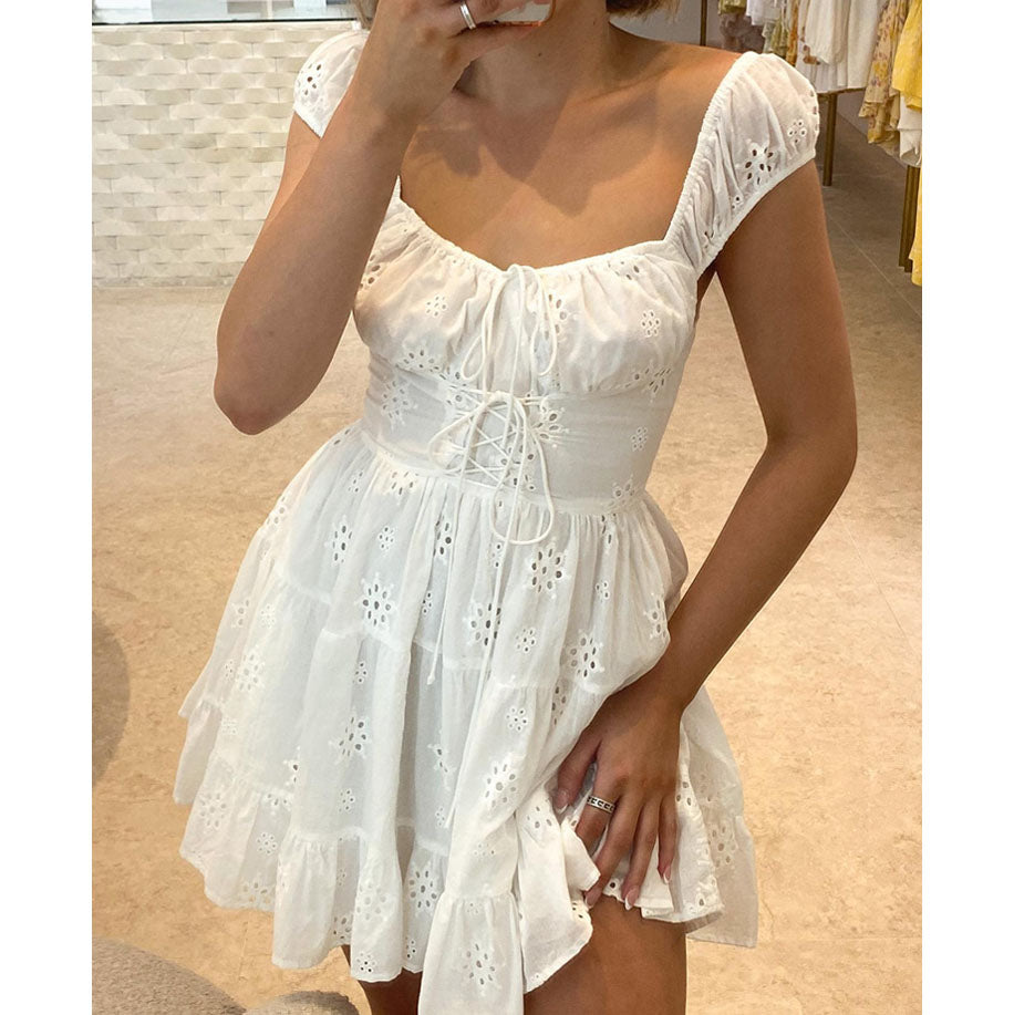 White Lace Embroidered Cotton Mini Dress - Walbiz.com