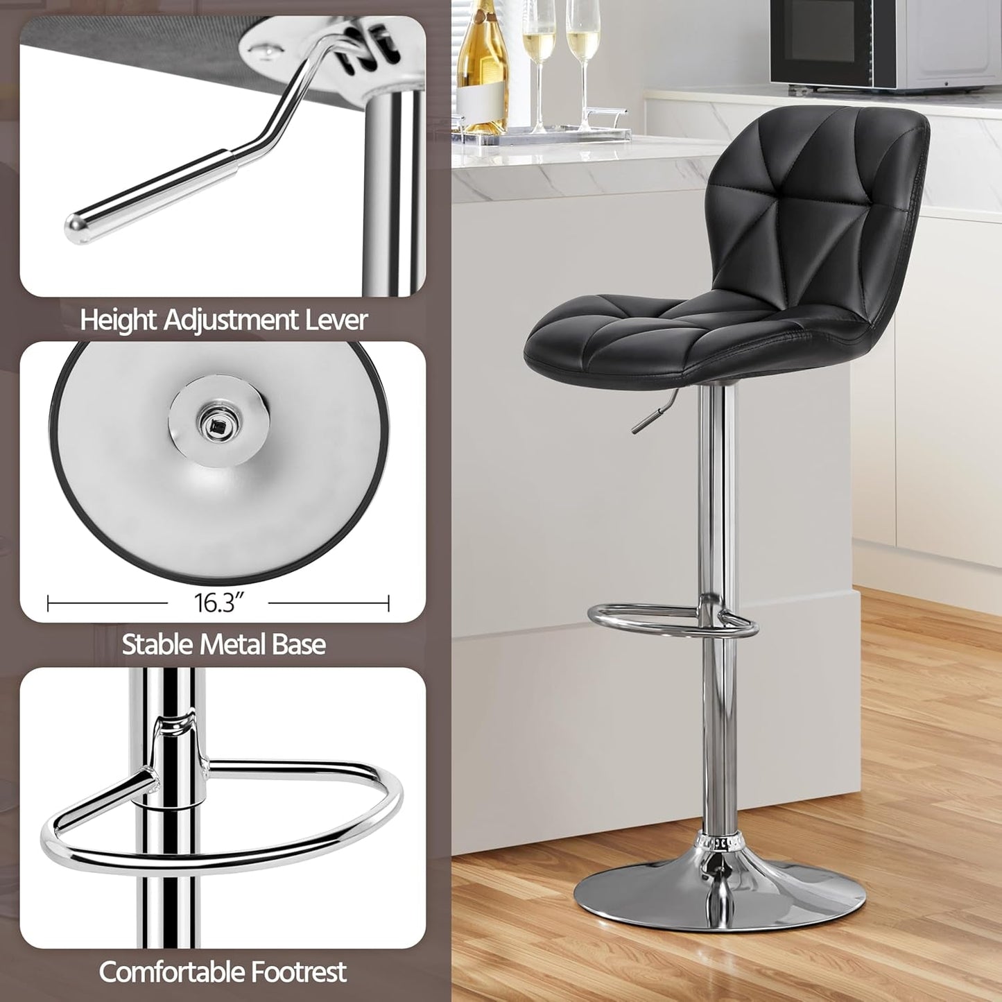 Bar Stools Set of 2, Modern Adjustable Kitchen Island Chairs, Black PU
