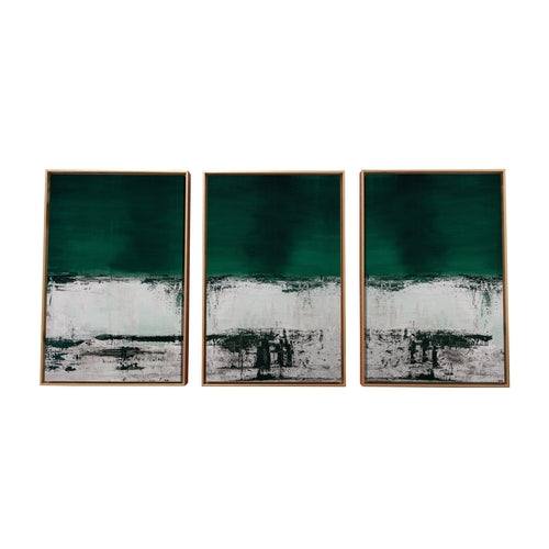 Set Of Three Three Piece Deep Green Black and White Abstract Canvas