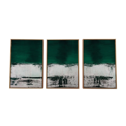 Set Of Three Three Piece Deep Green Black and White Abstract Canvas