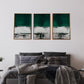 Set Of Three Three Piece Deep Green Black and White Abstract Canvas