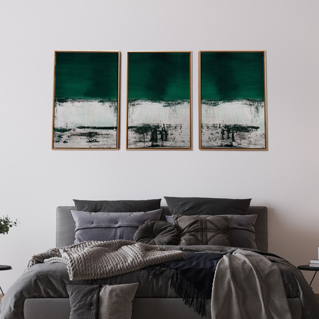 Set Of Three Three Piece Deep Green Black and White Abstract Canvas