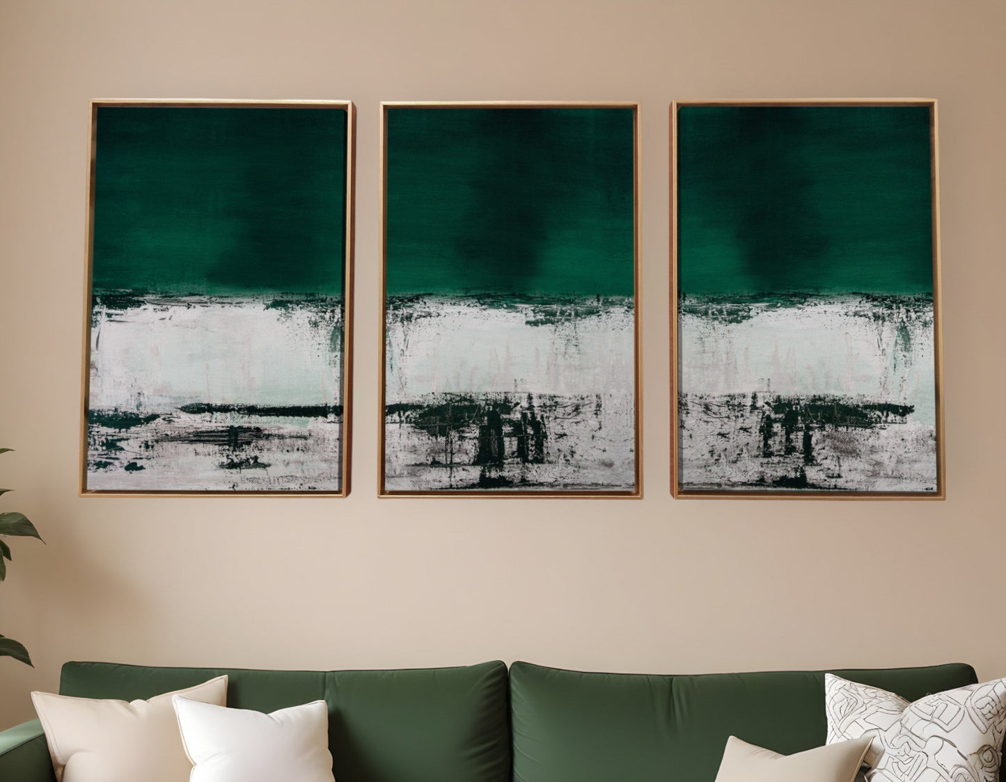 Set Of Three Three Piece Deep Green Black and White Abstract Canvas