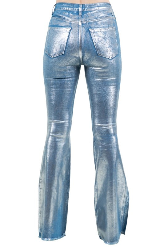 Metallic Bell Bottom Jean in Blue - Inseam 32\"