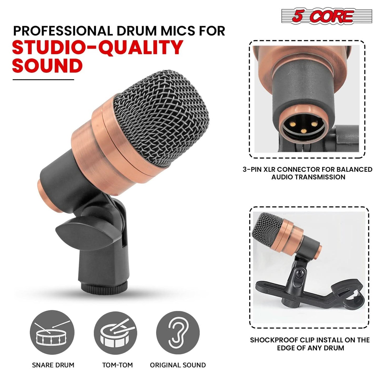 5Core Drum Mic Kit 7 Pcs Kick Bass Tom Snare Dynamic Microphone