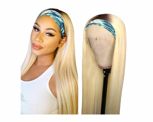 Straight 1B/613 Headband Human Hair Wigs For Black Women Blonde Scarf - Walbiz.com