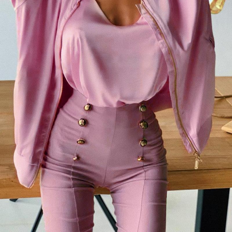 Knitted high waist  pure color skinny pants Female buttons