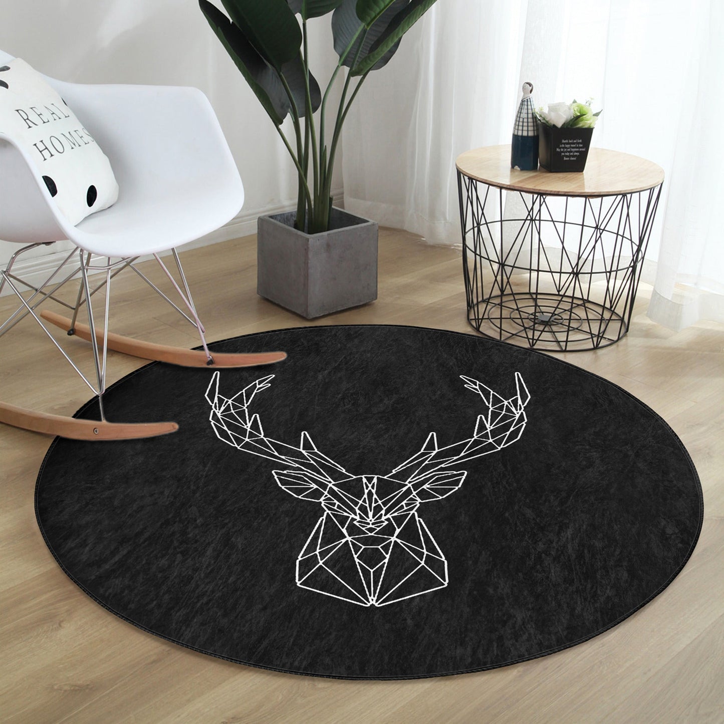 Deer Round Rug, Black Deer Patterned Area Rug, Non Slip Circle Carpet,