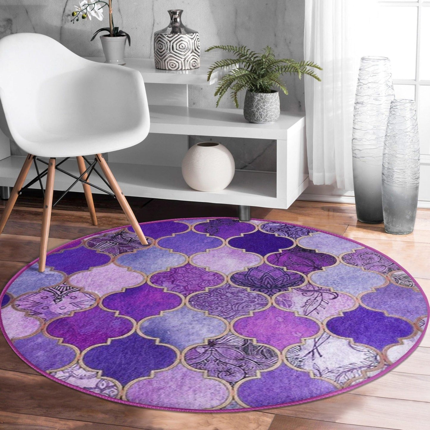 Purple Decorative Round Rug, Purple Living Room Area Carpet, Non Slip