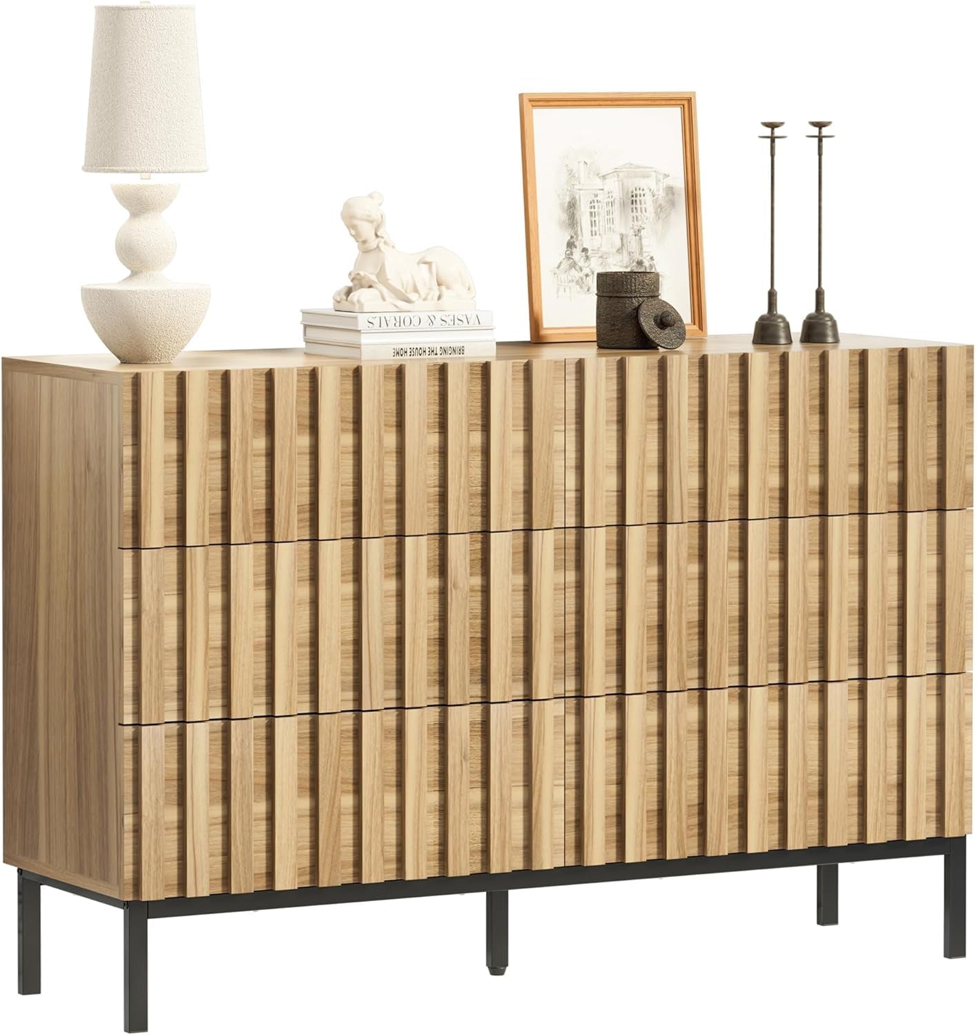 Fluted 6 Drawer Dresser with Metal Stand, Mid Century Modern