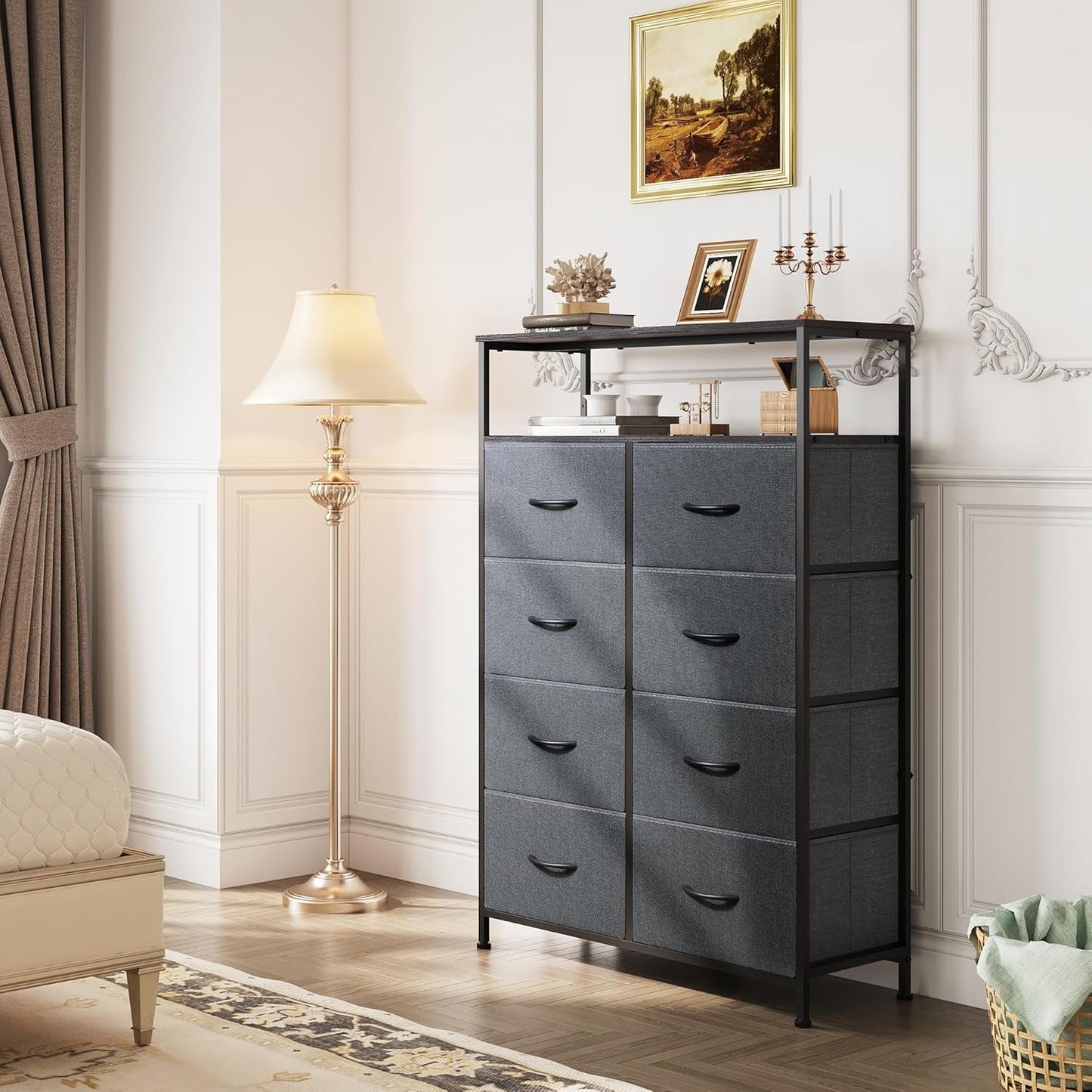 Charcoal Gray Fabric Dresser with Open Shelves and Drawers