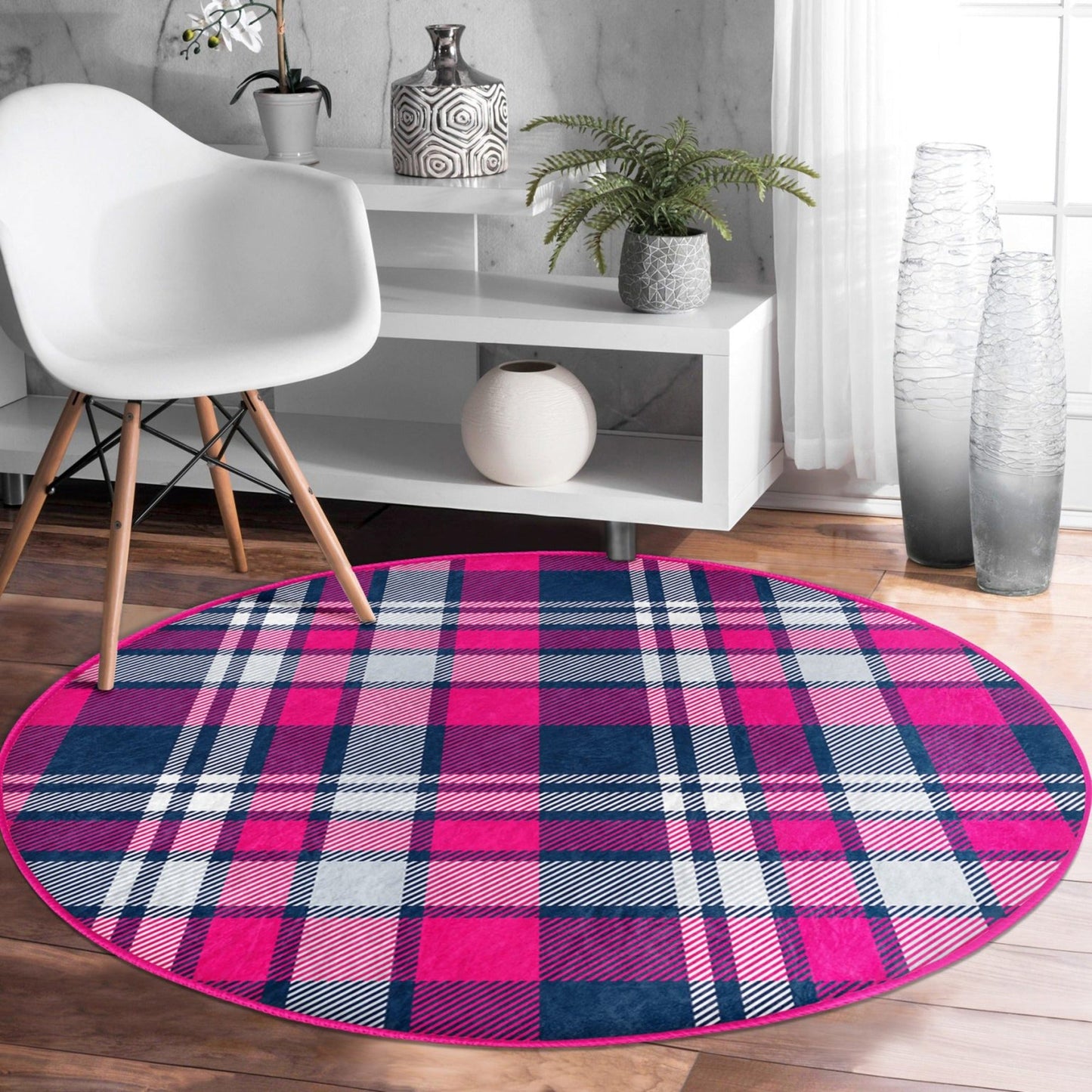 Plaid Patterned Decorative Round Rug, Plaid Living Room Circle Carpet,