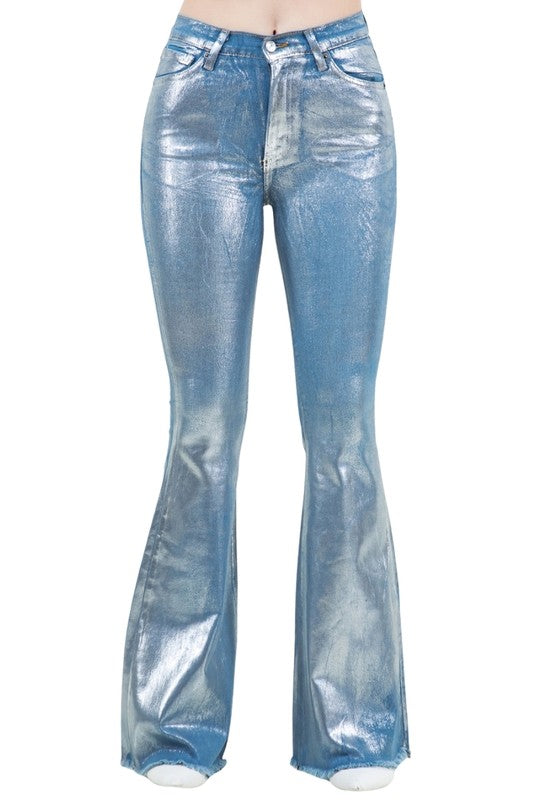 Metallic Bell Bottom Jean in Blue - Inseam 32\"