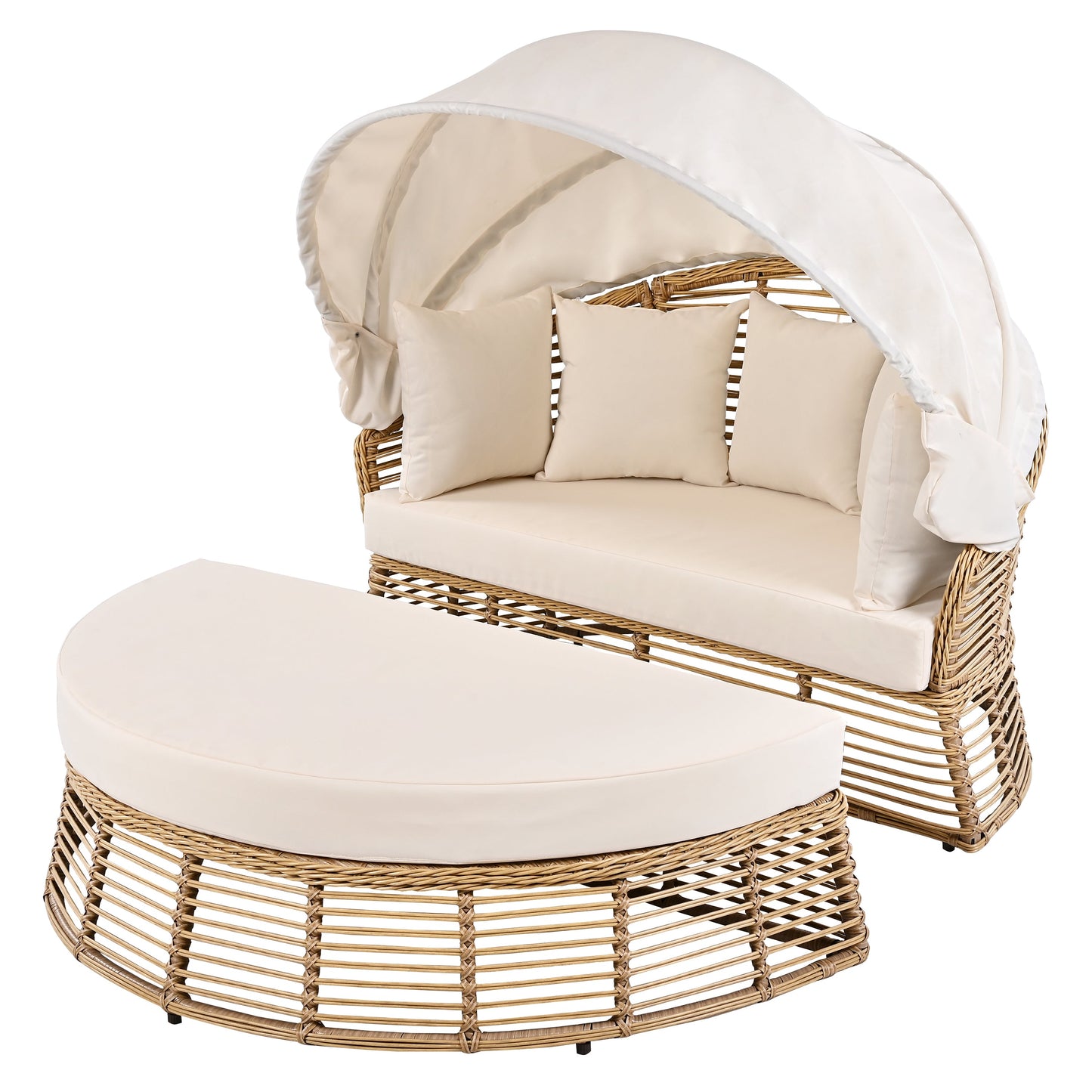 Outdoor Patio Rattan Round Daybed with Retractable Canopy, Wicker
