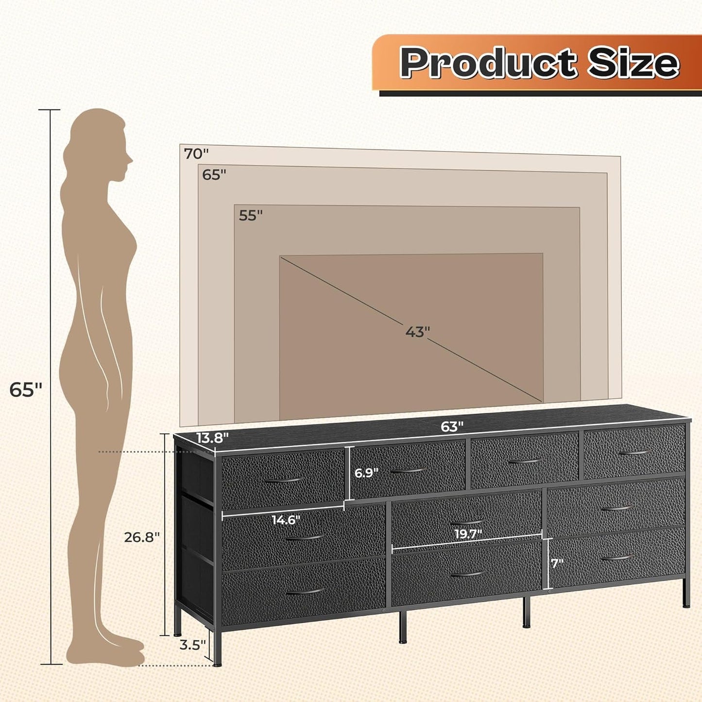 63 Inch TV Stand Dresser for Bedroom, Long Dresser with 10 Fabric