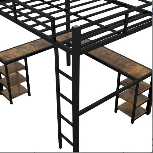 Full Metal Loft Bed With Desk And Shelves, Loft Bed With Ladder And