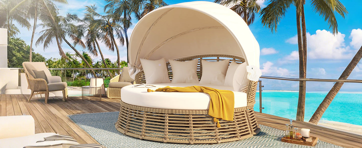 Outdoor Patio Rattan Round Daybed with Retractable Canopy, Wicker