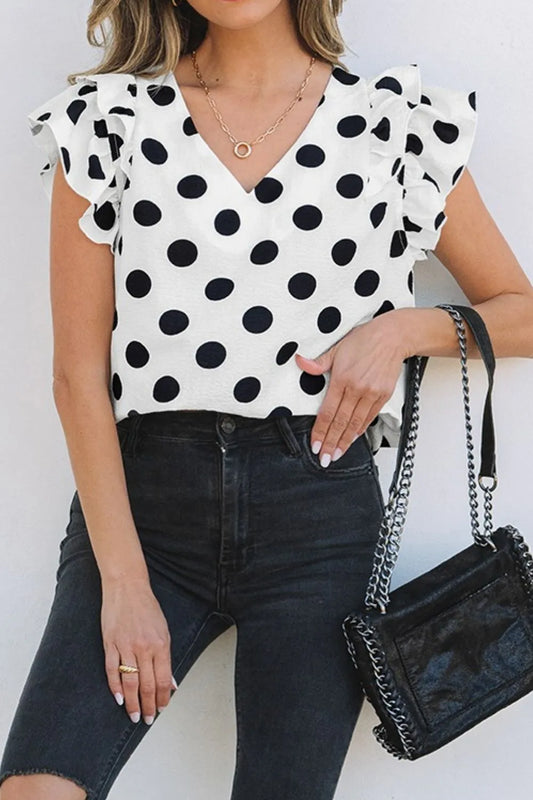 Polka Dot Ruffled Cap Sleeve V-Neck Blouse – Chic & Trendy | Walbiz
