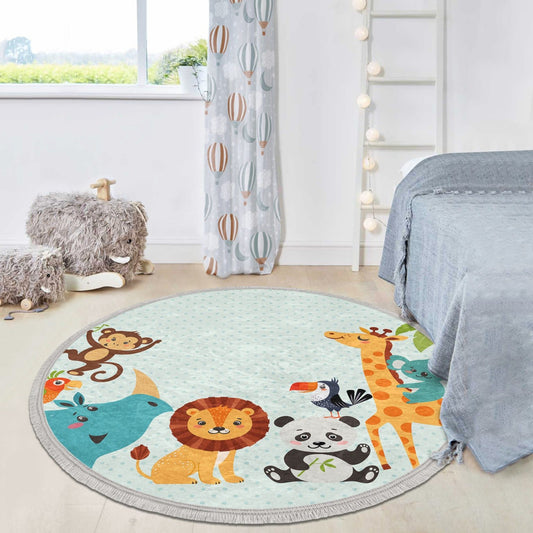Animal Patterned Kids Room Circle Carpet, Lion- Giraffe-Panda Monkey
