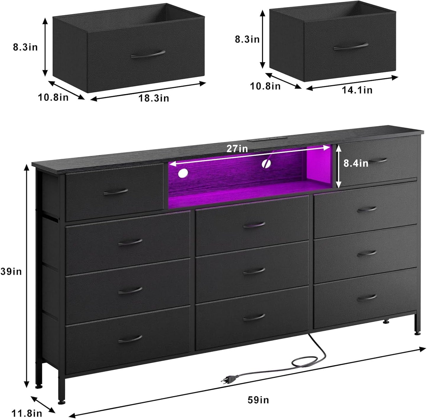 Long Dresser with Charging Station and LED Lights