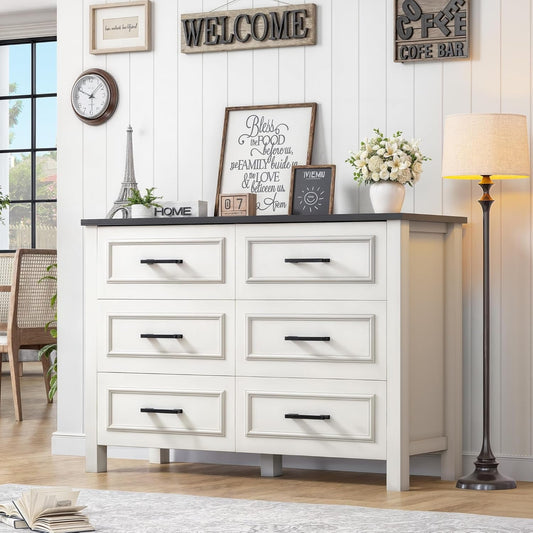 6-Drawer Dresser with Built-In Power Outlet, Wood Dresser TV Stand
