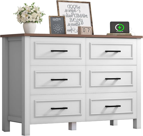 6-Drawer Dresser with Built-In Power Outlet, Wood Dresser TV Stand