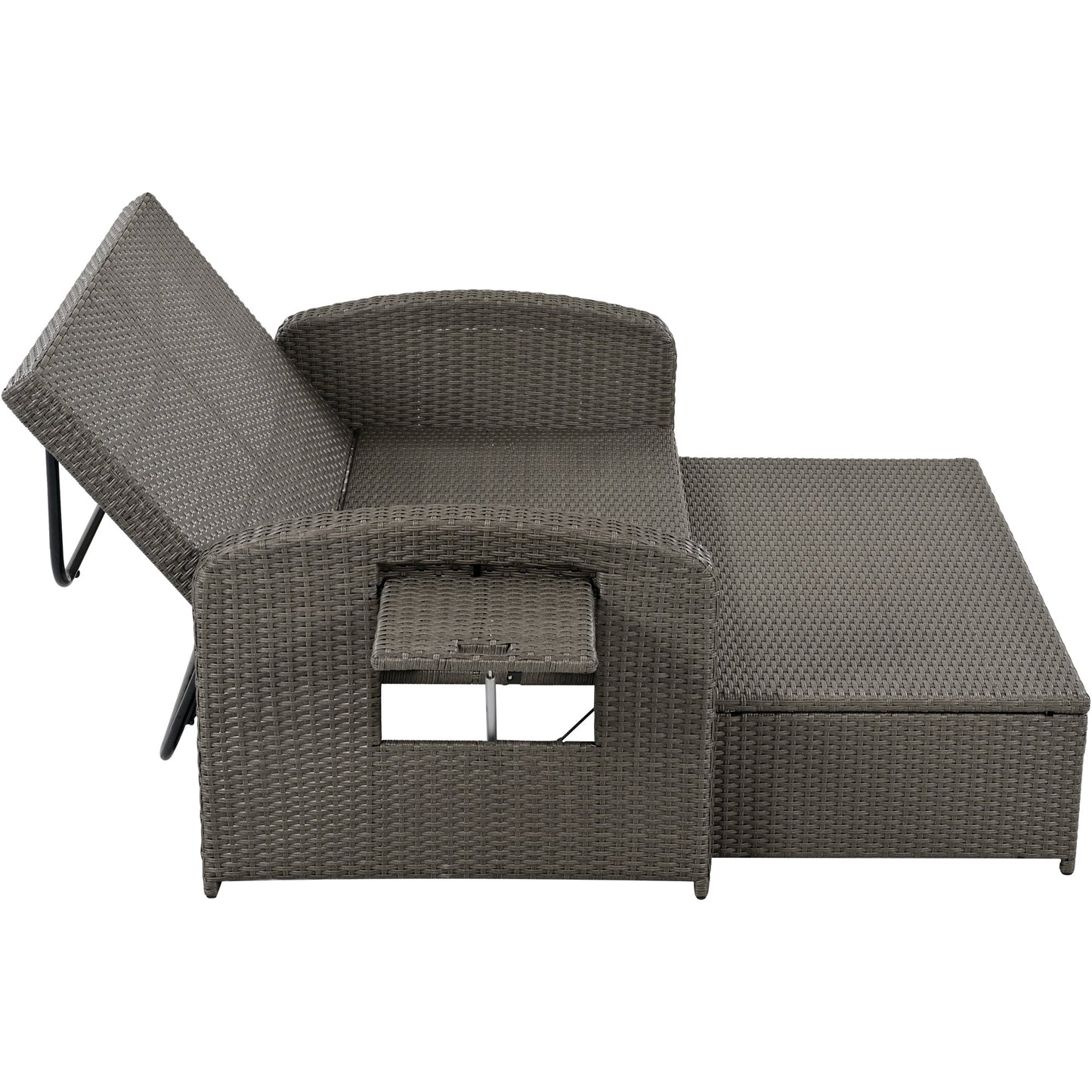 PE Wicker Rattan Double Chaise Lounge, 2-Person Reclining Daybed with