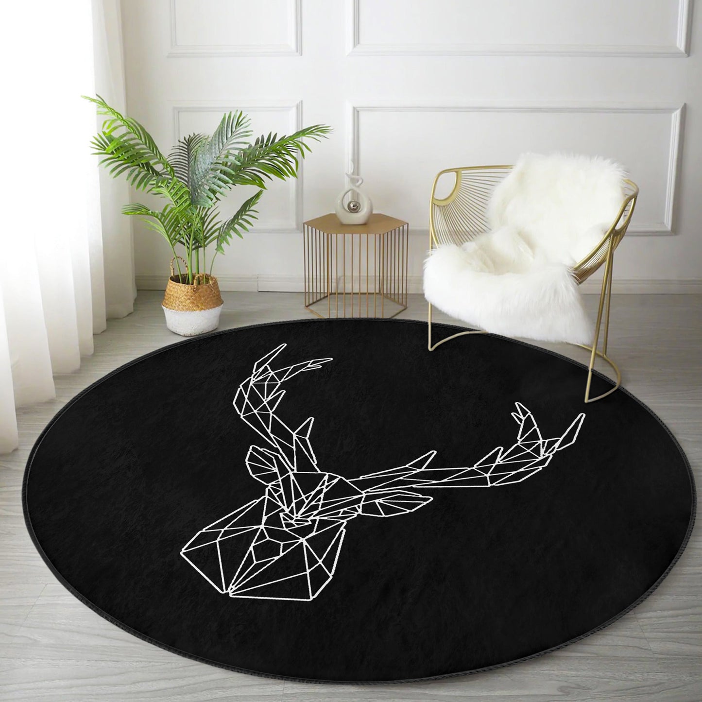 Deer Round Rug, Black Deer Patterned Area Rug, Non Slip Circle Carpet,