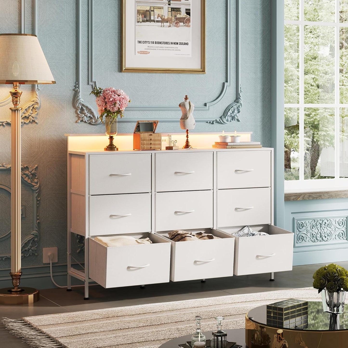 Dresser TV Stand with LED Lights and Charging Station